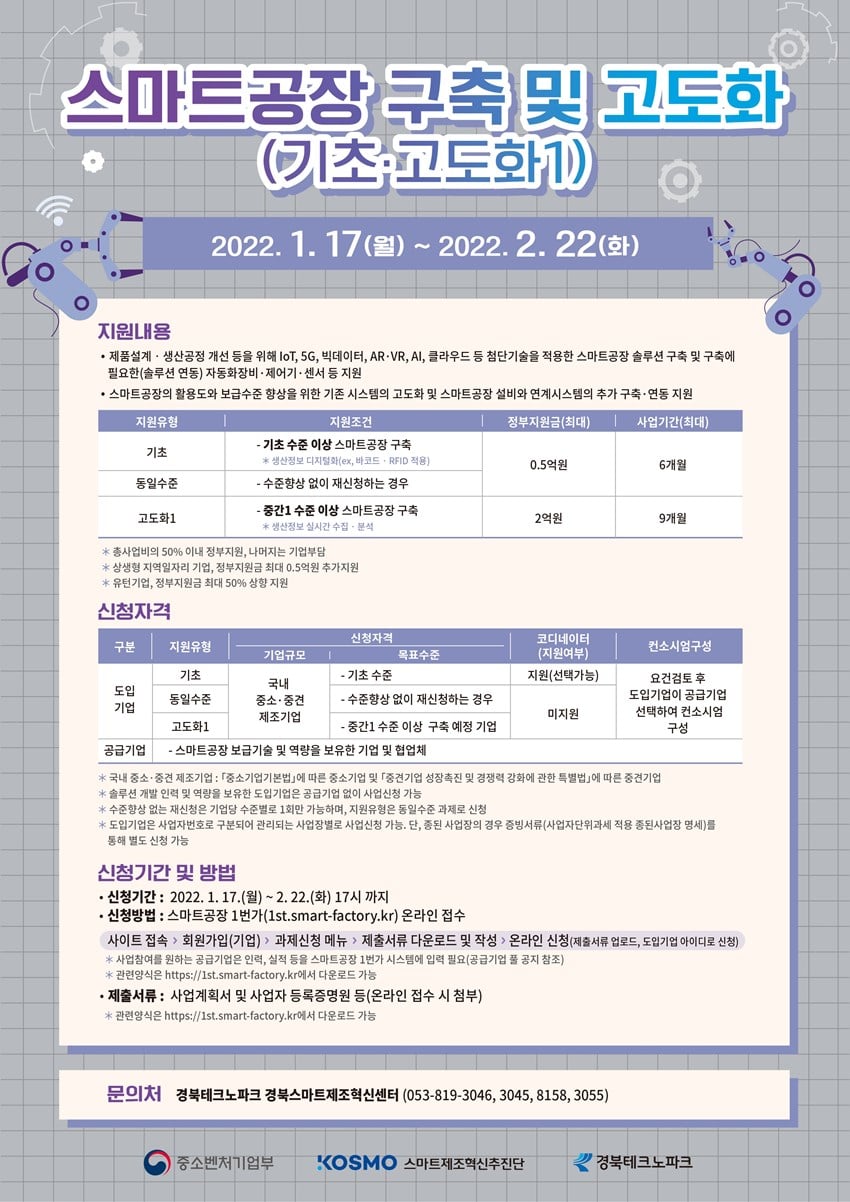 1.중소기업 제조현장의 경쟁력 제고를 위한 2022년 ICT융합 스마트공장 보급 및 확산 사업 관심있는 기업들의 많은 신청 바랍니다.